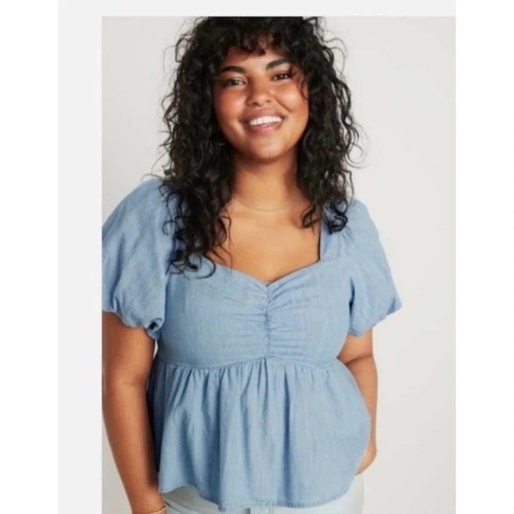 Old Navy Top 4X Chambray Boho Prairie Cottagecore Embroidered Vacation Western